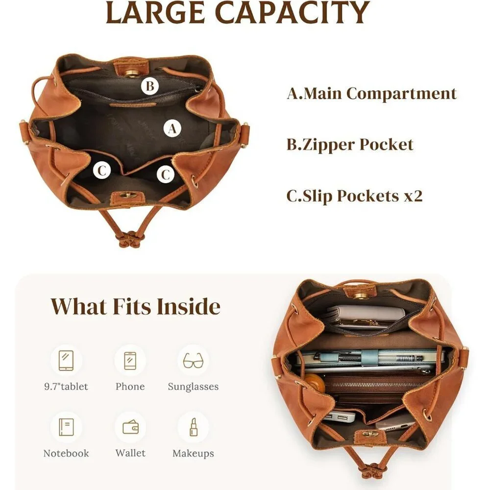 Leather Bucket Bag Women Drawstring Crossbody Shoulder Handbag Vintage Stylish